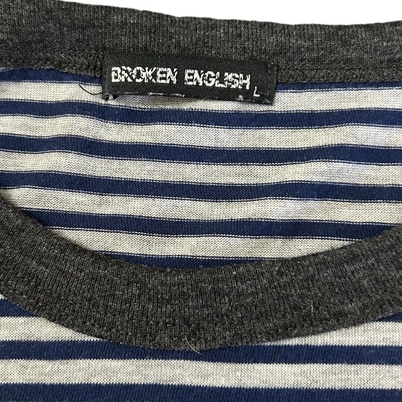 Broken English Grey and Navy Striped Crewneck Tee • Used • Size: Large - Picture 4 of 9